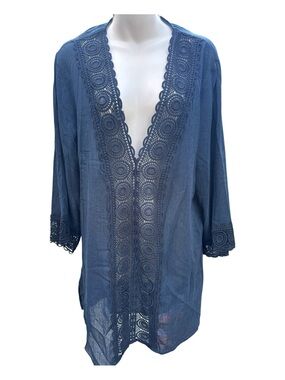 LA BLANCA black cotton with wide lace coverup or nightgown, Large